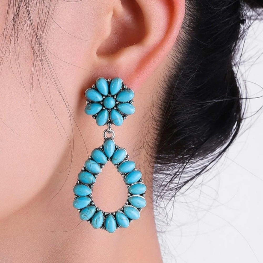 BOGO Turquoise Flower Cabochon Post Open Teardrop Dangling Silver Earrings